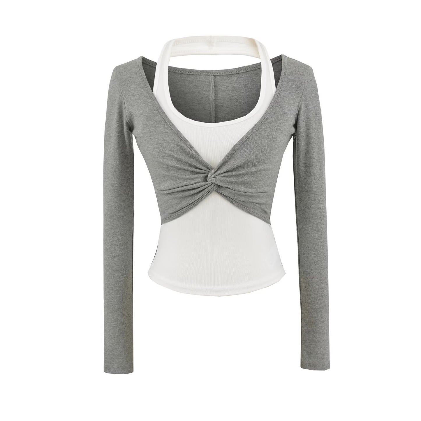 Women's Halterneck Colorblock Fake Two-Piece Long-Sleeve Top