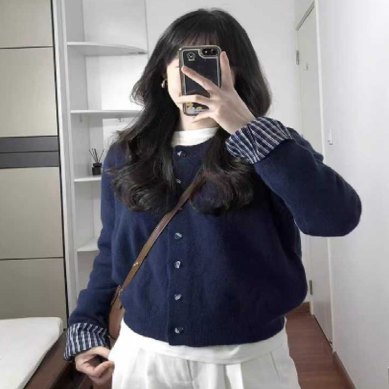 Navy Blue Knitted Women's Plaid Stitching Single-breasted Sweater