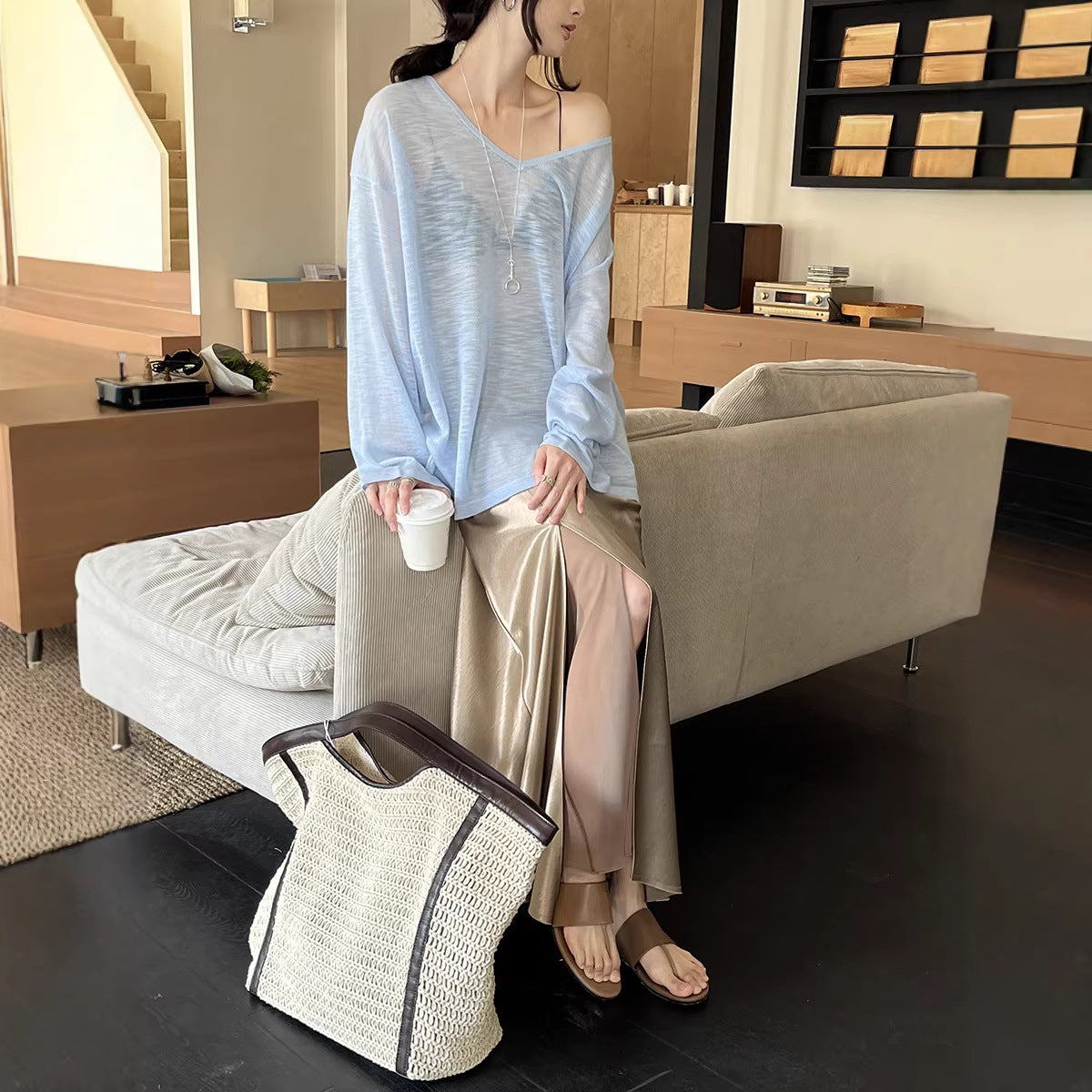 Irregularly Slit Double-Layer Gauze Relaxed-Fit Fishtail Skirt