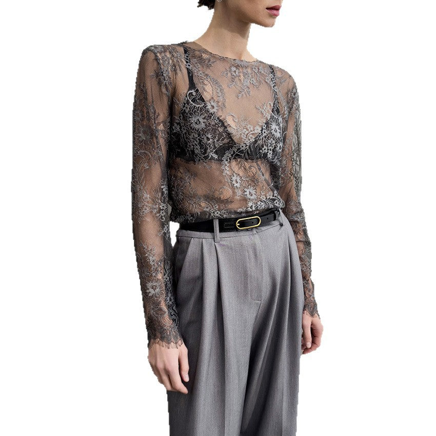 French-style Chic Sexy And Elegant T-shirt Sheer Solid-color Lace Top