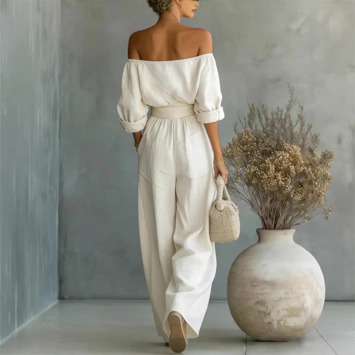 Casual Two-Piece Womens Outfit Off-Shoulder Top And Wide-Leg Pants Set