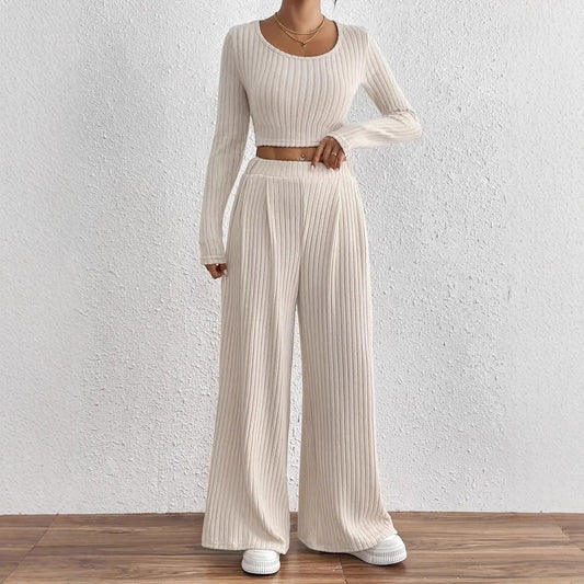 Solid Color Rib Knitted Trousers Mid-waisted Figure Flattering Women's Casual Suits