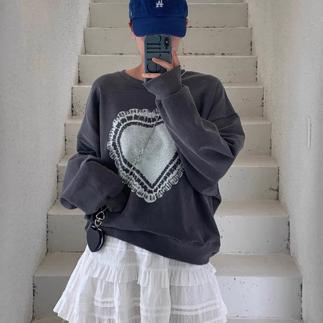 Temperament Crew Neck Heart Printing Design Loose And Lazy Style Versatile Long Sleeve