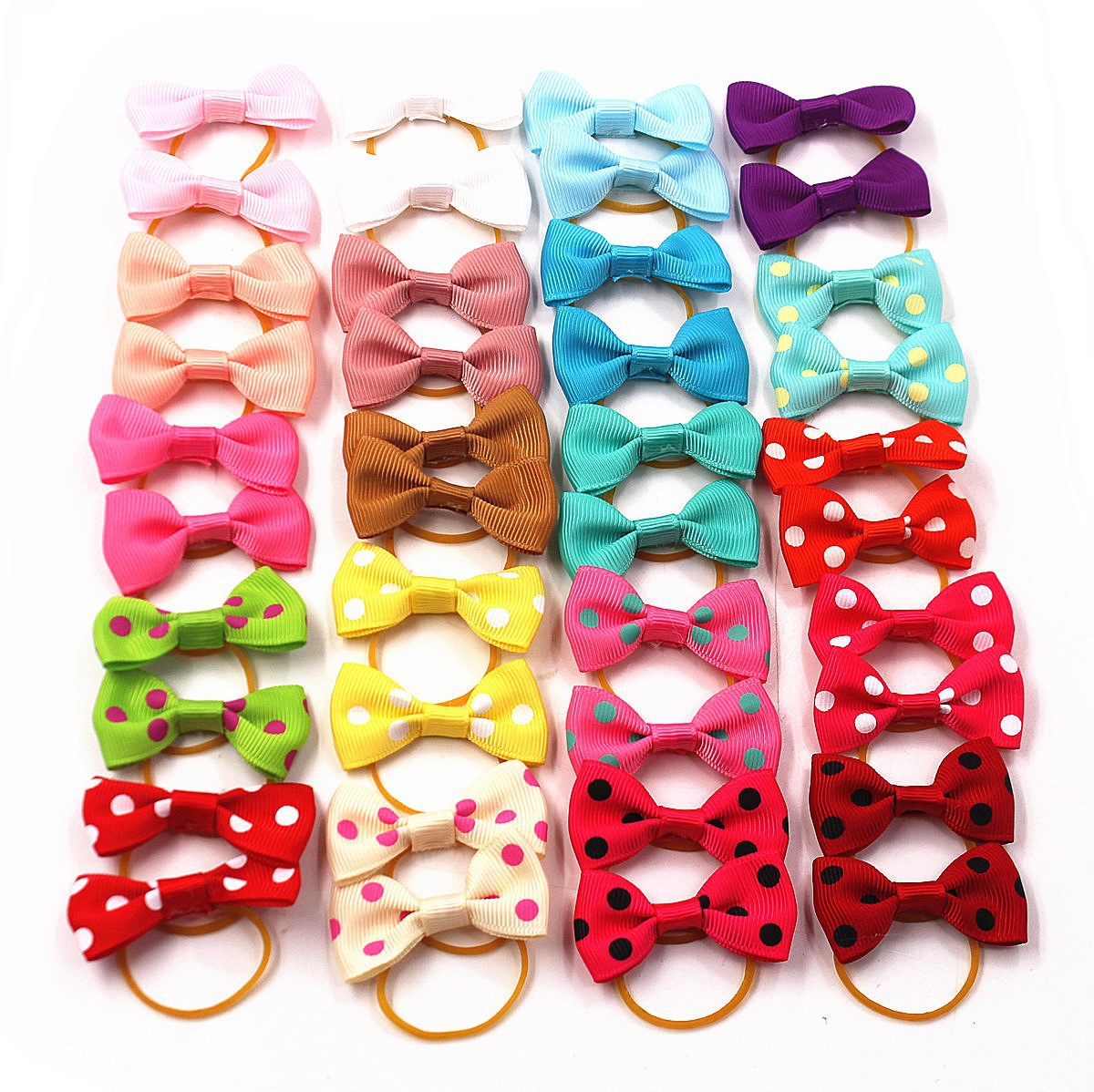 20 Colors Pet Dog Polka Dot Solid Color Small Bow And Rubber Band Hair Tie