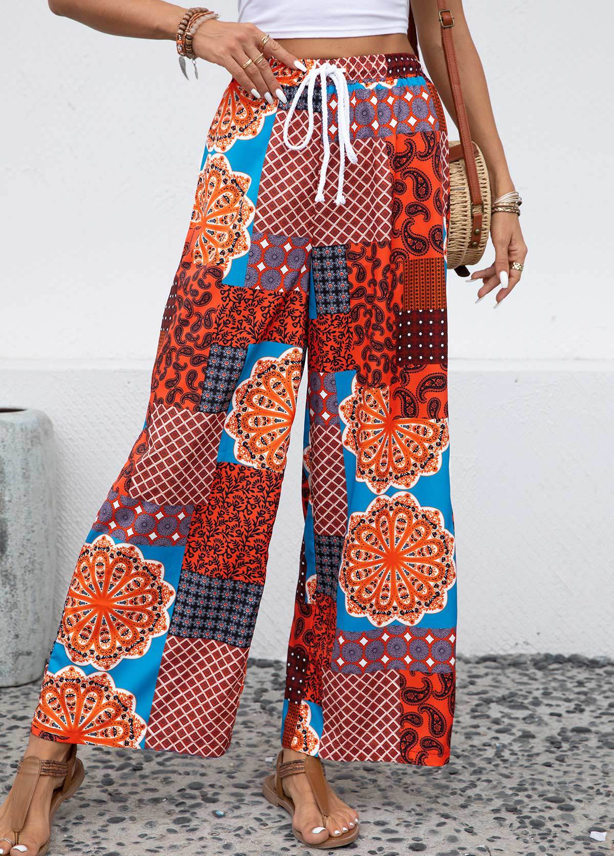Women's Fashionable Elastic Waist Printed Lace-up Trousers