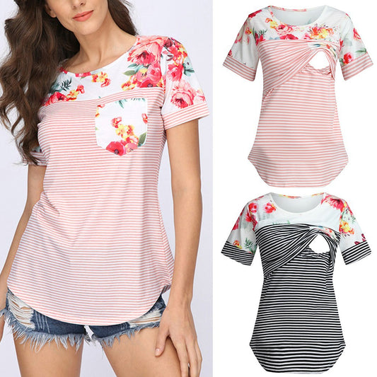Short Sleeve Striped Printed Patchwork Pocket Round Neck T-shirt