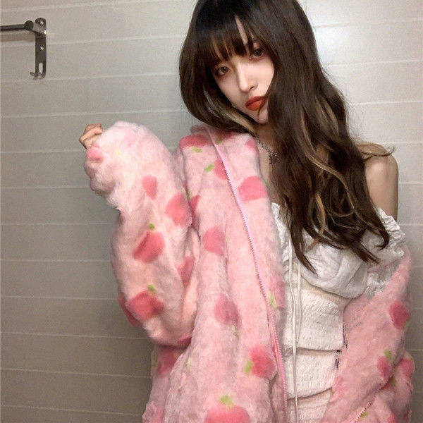 Peach Powder Plush Fleece Plus Velvet Thick Warm Jacket