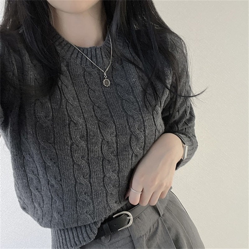 Japanese Sweater Preppy Style Short Cable-knit Sweater Round Neck Long Sleeve