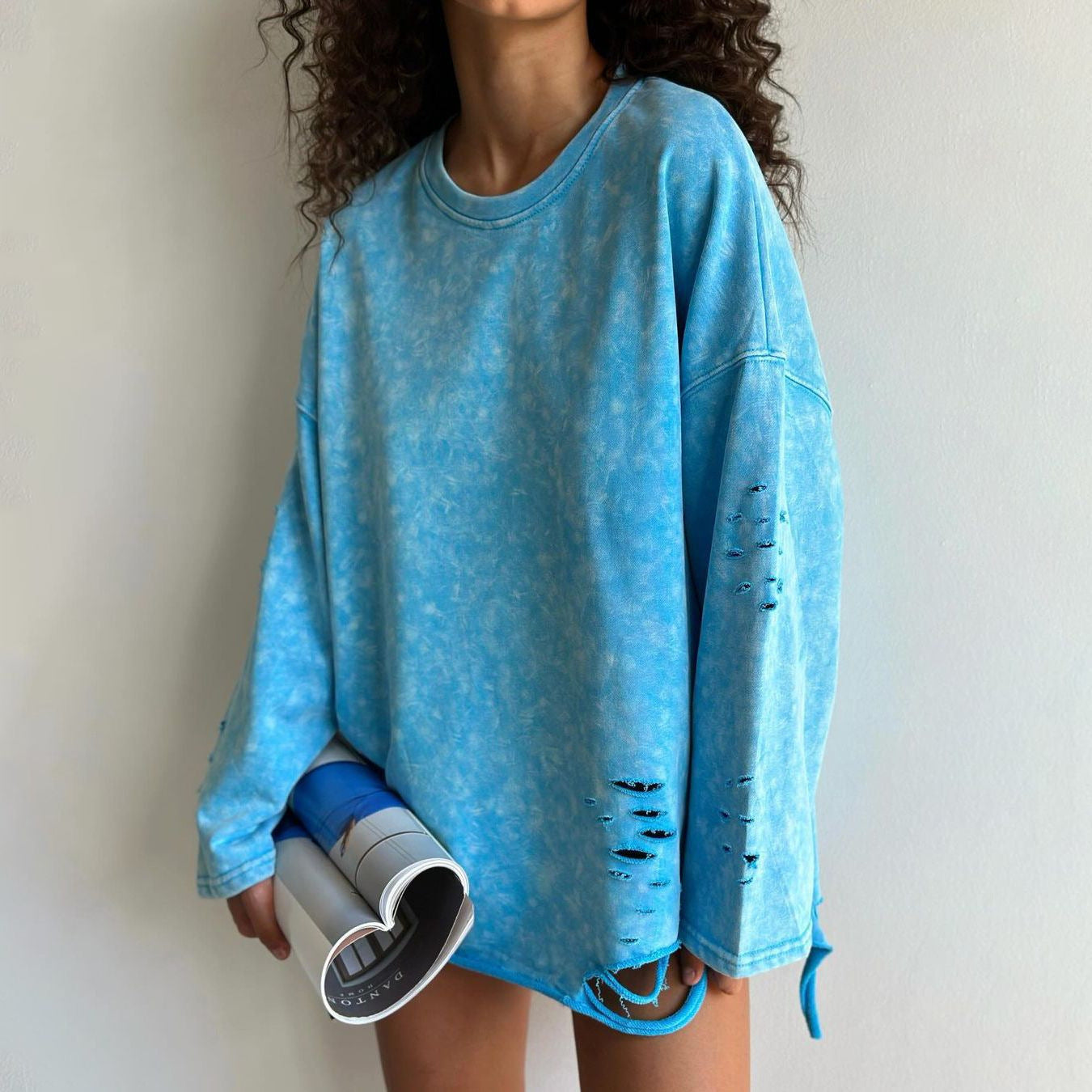 Dame ribbet sweaterjakke med rund hals