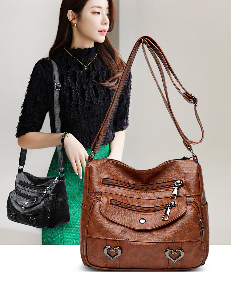 Crossbody Bag Soft Leather Textured Retro Large Capacity Middle-aged