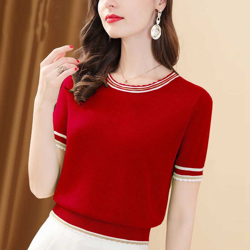 Ice Silk T-shirt Short-sleeved Women's All-match Round Neck Sweater