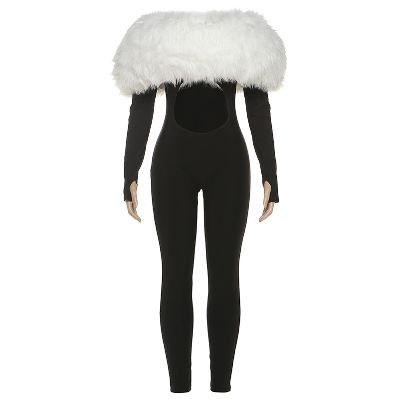 New Women's Off-shoulder Furry Stitching Sexy Midriff-baring Long Sleeve Jumpsuit