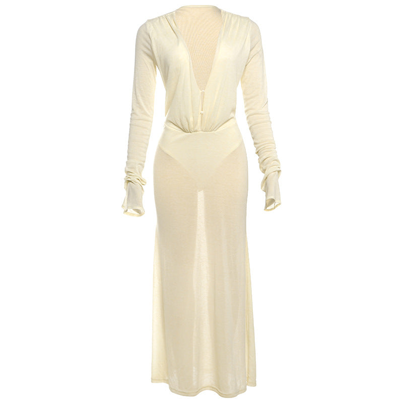 Womens Sexy Solid-Color Deep V-Neck Button-Front Bodycon High-Waist Long-Sleeve Dress