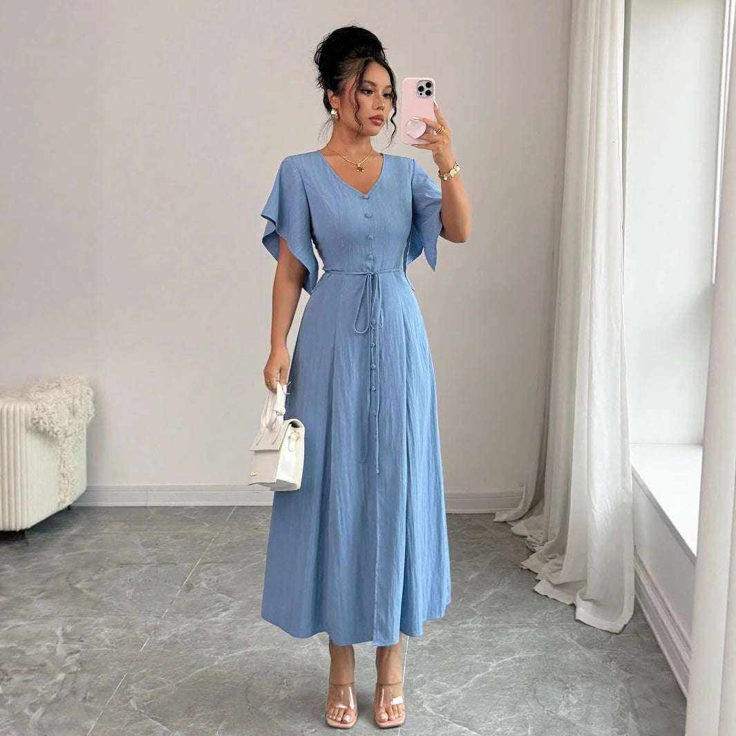 Elegant French-inspired High-end Blue V-neck Belted Maxi Dress