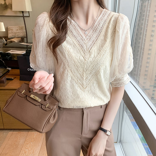 Ladies Style V-Neck Pullover Puff Sleeve T-Shirt