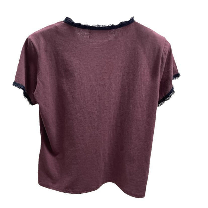 Lace Stitching Bow Printed Round Neck Short Sleeve