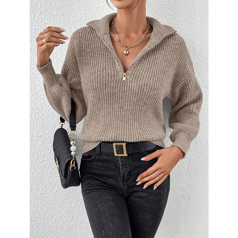 Women's Zipper Pullover Solid Color Loose Casual Long Sleeves Sweater