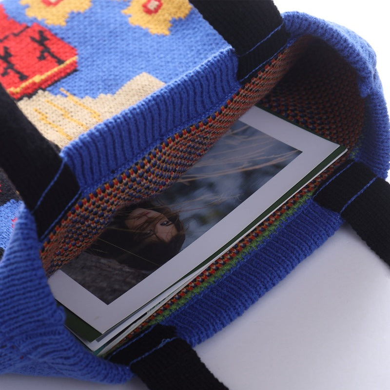 Peking Opera Facial Makeup Vintage Wool Knitted Bag Large Capacity Shopping Bag Shoulder Handbag