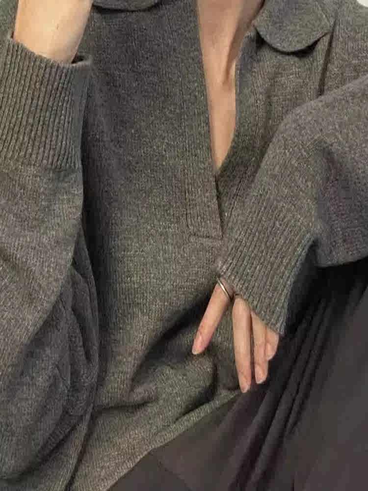American Retro V-neck Solid Color Sweater
