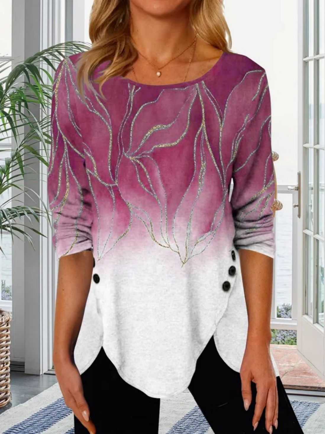 Printed Buttons Irregular Hem Crew Neck Mid Sleeve T-Shirt