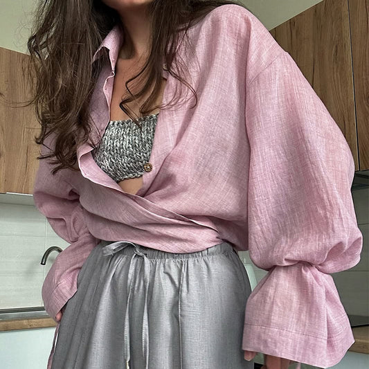 Stylish Design-forward Loose-fit Long-sleeve Shirt With A Turn-down Collar And Tie Details