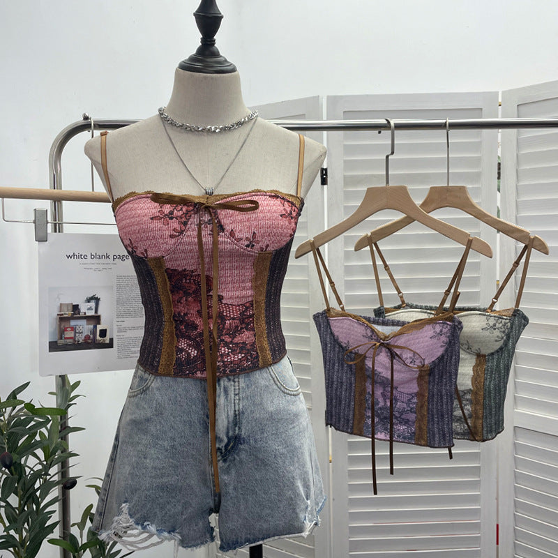 Vintage Ink Painting With Chest Pad Short Lace Up Tube Top For Women