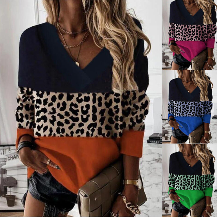 V-hals Leopardprint-patches Langærmet Sweatshirt-toppe