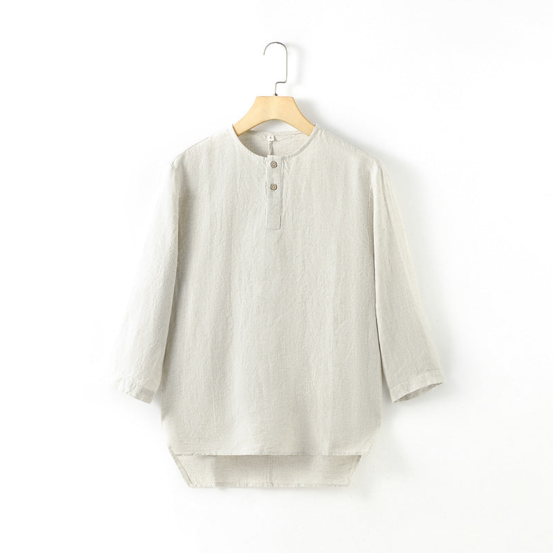 Casual Linen Men's Simple Round Neck 34 Sleeves Linen T-shirt Loose Breathable Top