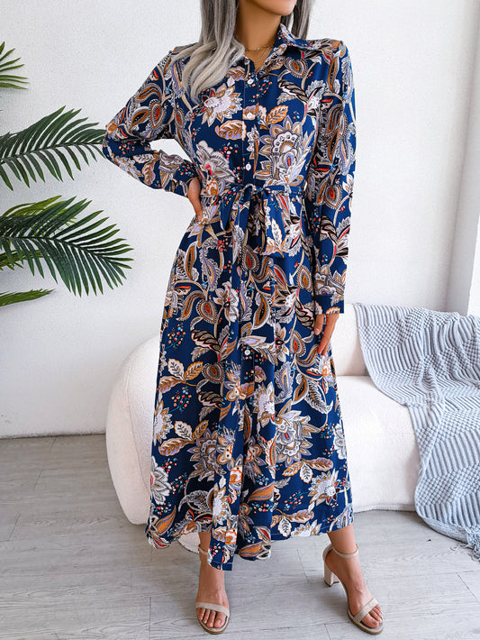 Women  Vintage Floral Print Lapel Tie Waist Shirt Maxi Dress