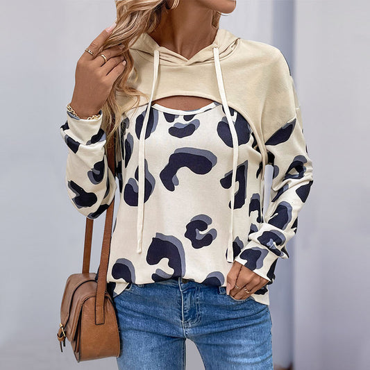 Løs leopardprint-strikket hoodie i fake to-delt design med udskæring til kvinder