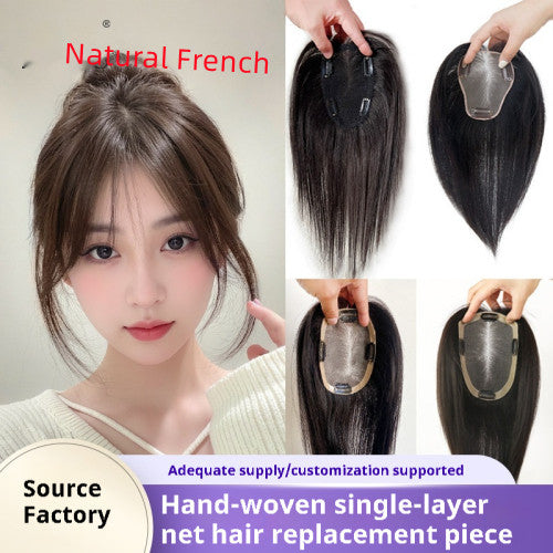 Real Hair Air Bangs Single Layer Net Wig Set Black Length Straight Hair Roll