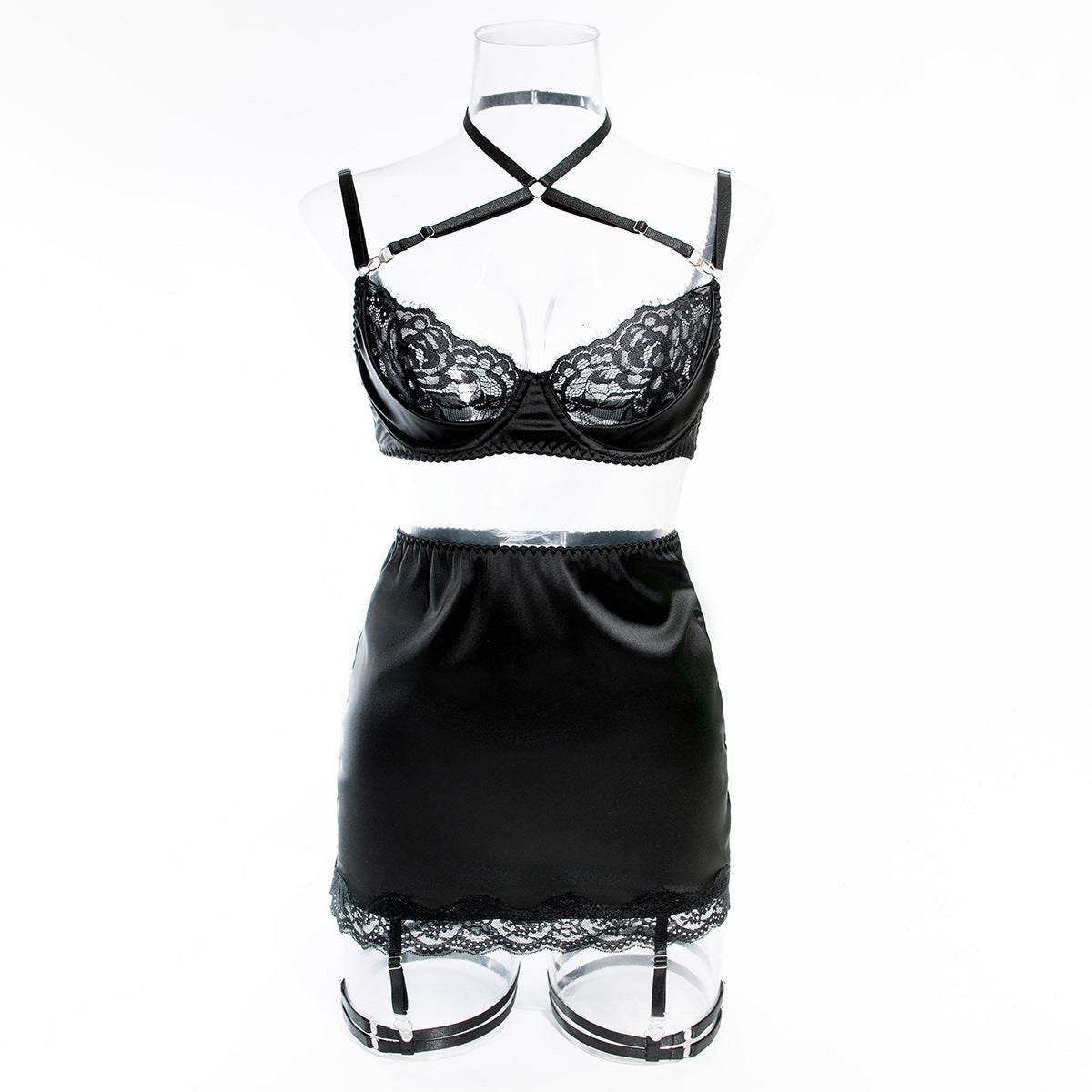 Satin Lace Bra Set With A Crisscross Halter Neck