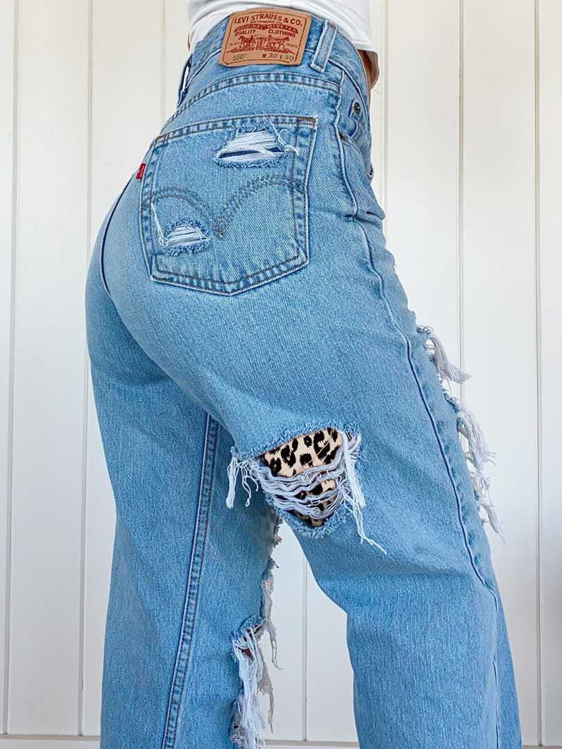 Women's Jeans With Ripped Leopard Print Look Thin