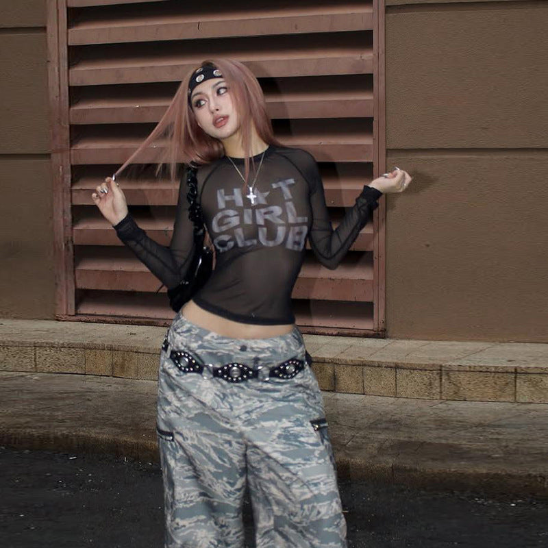 Ny Dame Mode Kort Top Med Rund Hals Blomsterprint Og Transparent Mesh Design