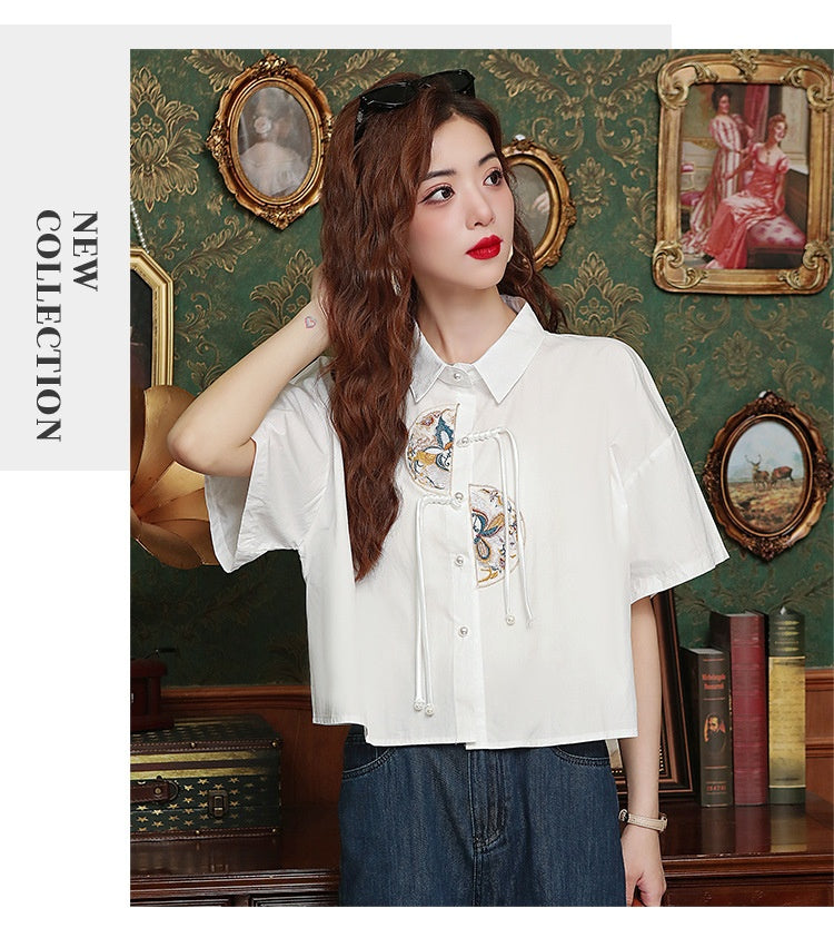 Women's Summer Loose Chinese Style Embroidery Short Shirt Top