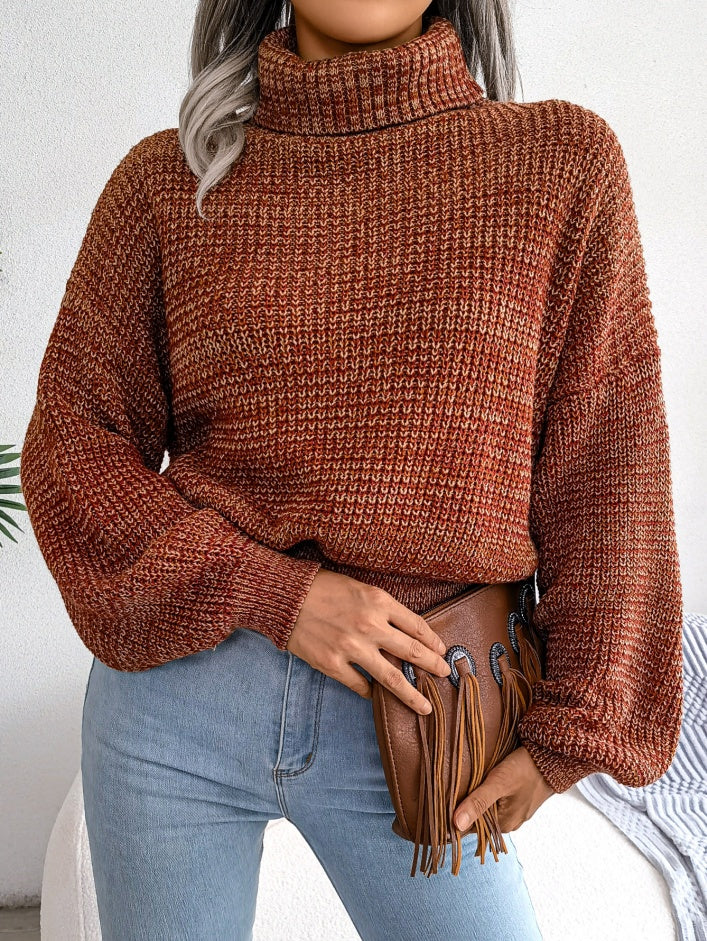 Women Mixed Color Lantern Sleeve Turtleneck Knit Sweater