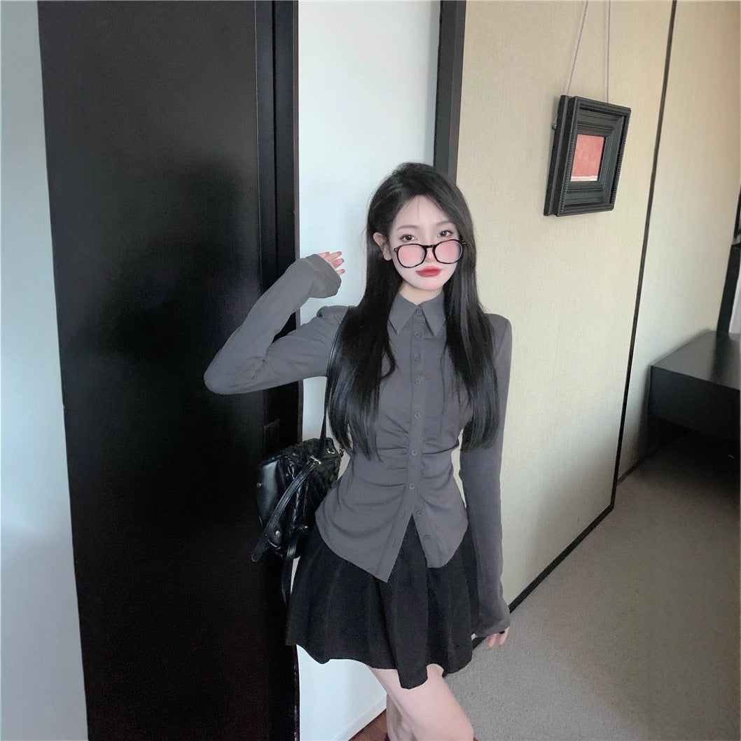 Slimming Two-Piece Set POLO-Neck Shirt And Skirt Combo