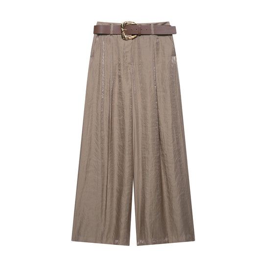 Casual Belt Silk Satin Texture Wide Leg Pants With Belt