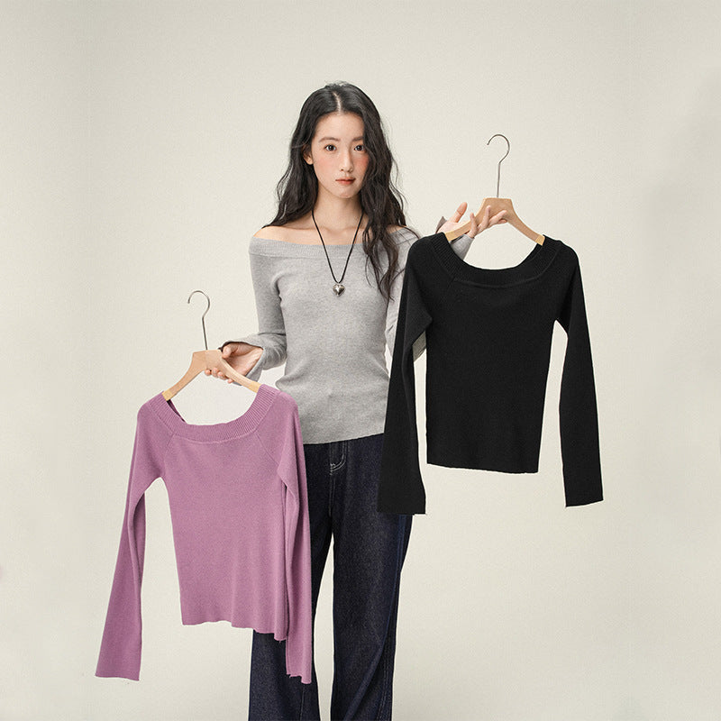 Pure Desire Oblique Angle Shoulder Soft Knit Sweater Base Shirt