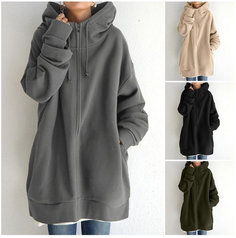 Zipper Hooded Long Velvet Lining Sweater
