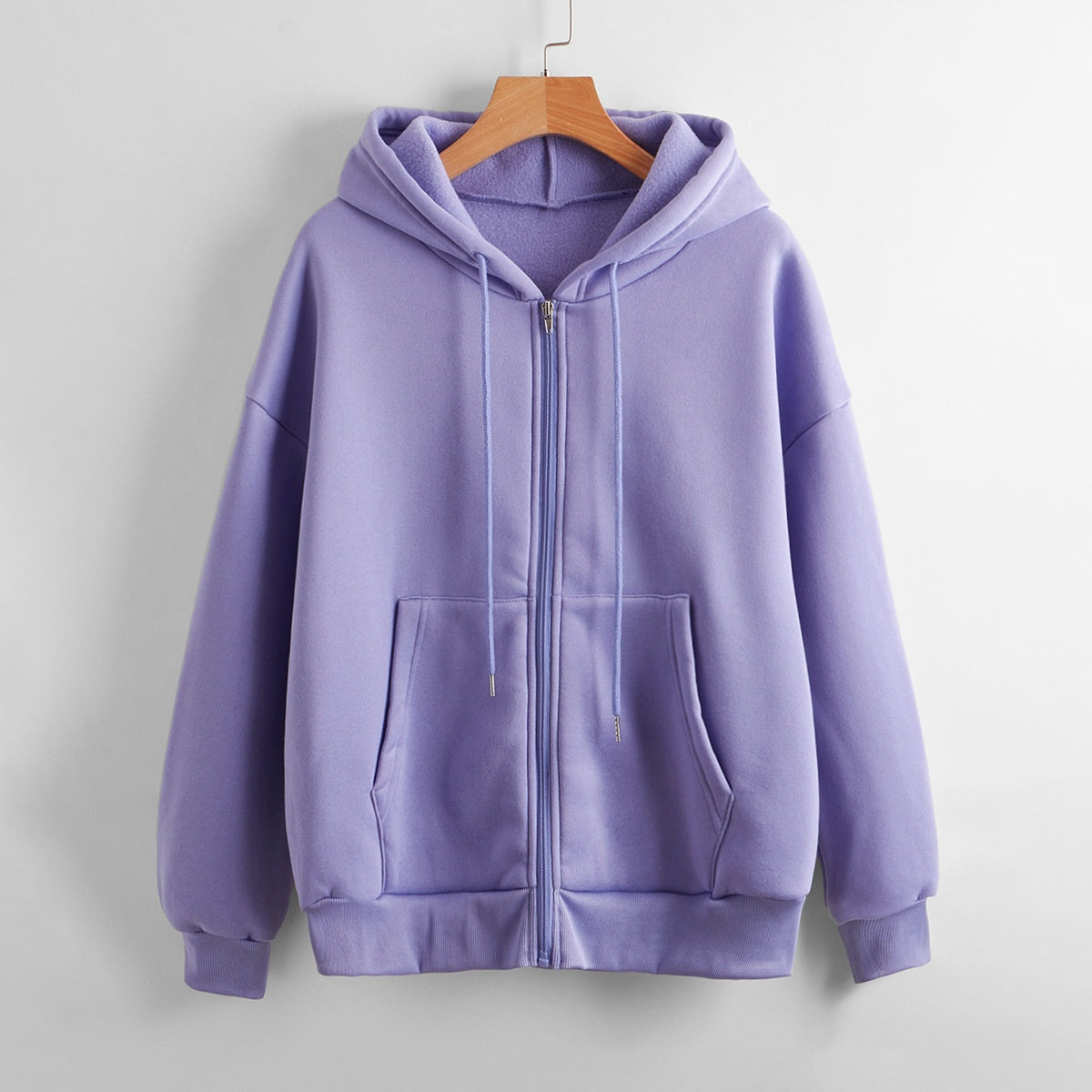 Sweater til kvinder med hætte, ensfarvet, lynlås, løstsiddende, foret frakke