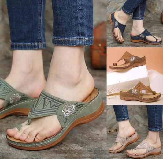 Sexy Female Floral Embroidery Ring Comfortable Casual Wedge Sandals