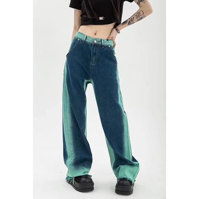 High Waist Loose Straight Contrast Jeans