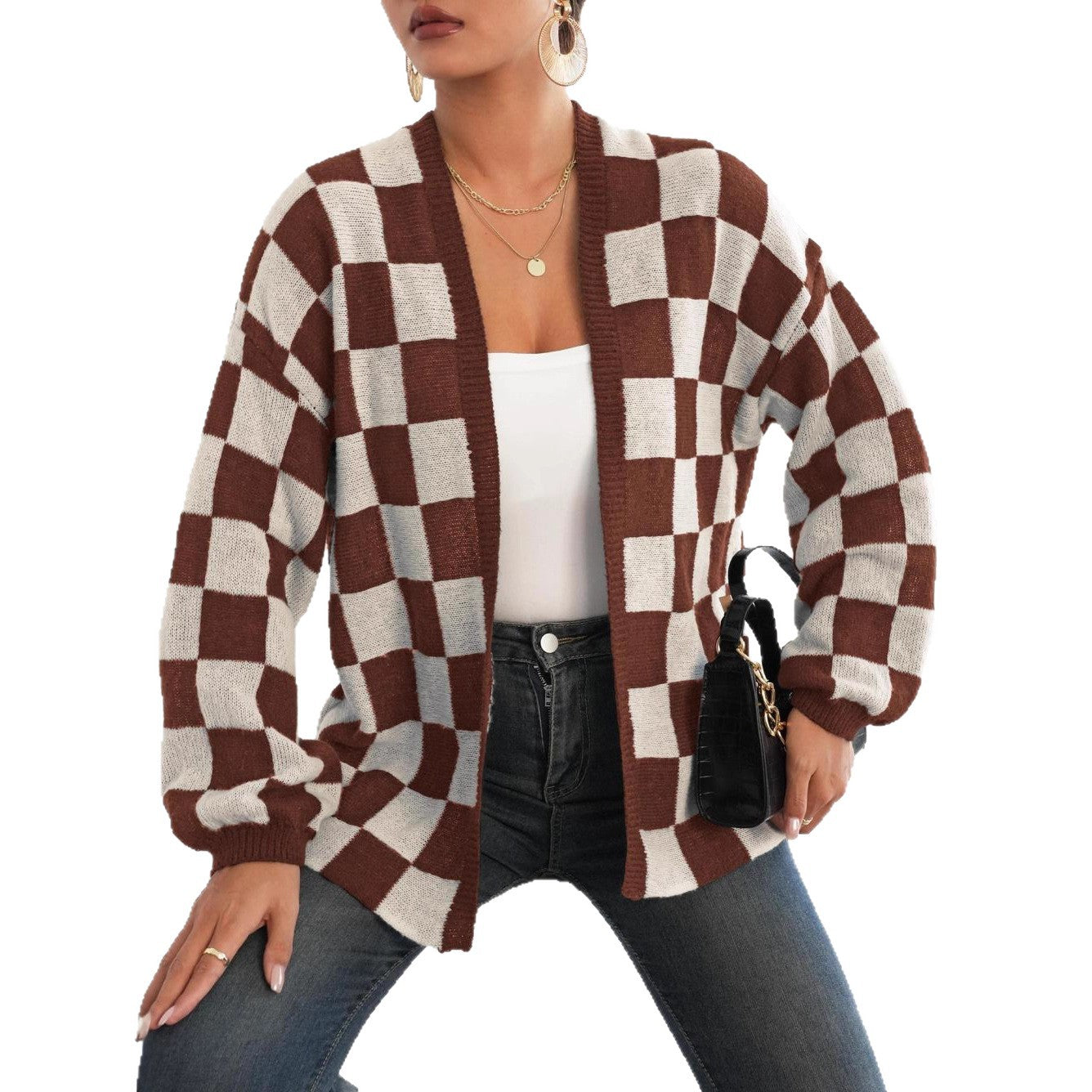 Womens Casual Loose Sweater Coat With A Checkerboard Pattern