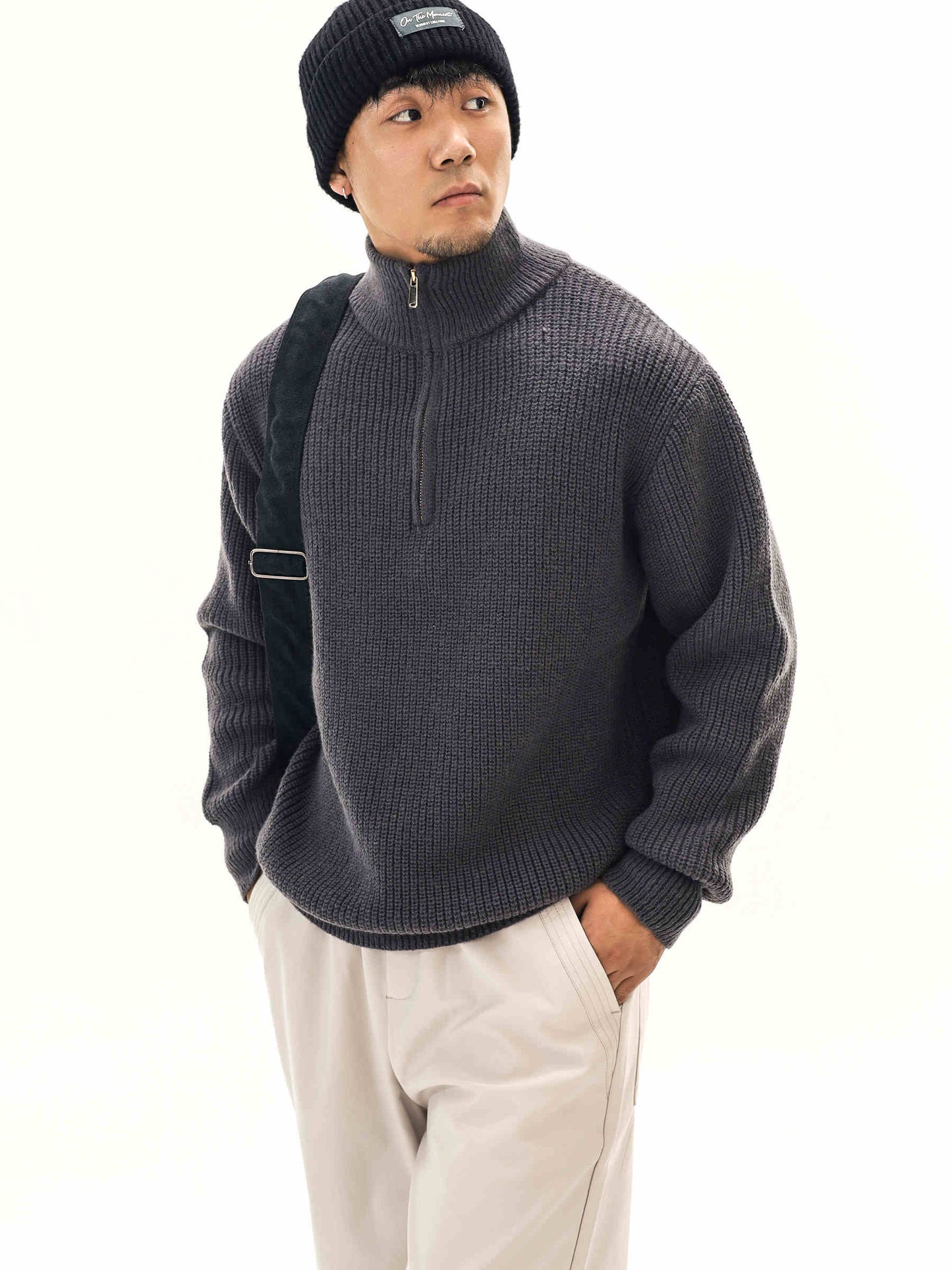 Thick Needle Wool Yarn American Retro Half Zipper Turtleneck Sweater Pullover For Men