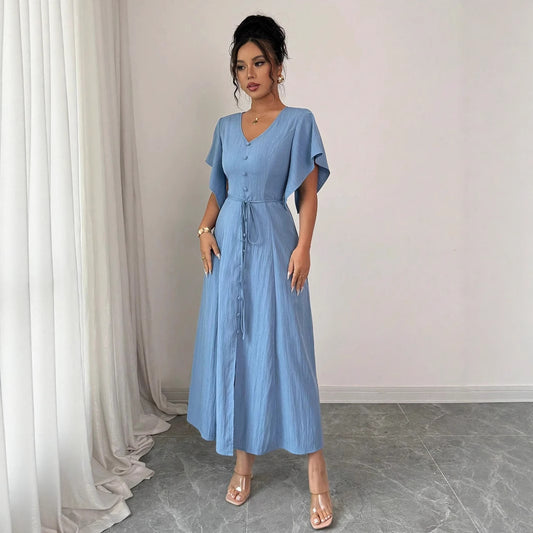 Elegant French-inspired High-end Blue V-neck Belted Maxi Dress