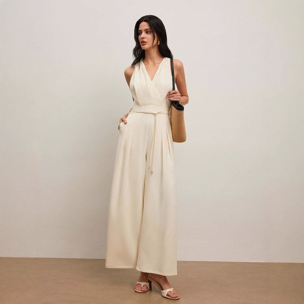 Ensfarvet og V-hals Ærmeløs Fashion Casual Jumpsuit til kvinder