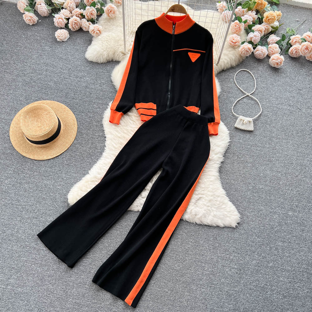 Athletic Contrast-color Long-sleeve Baseball Jacket And Casual Pants Set