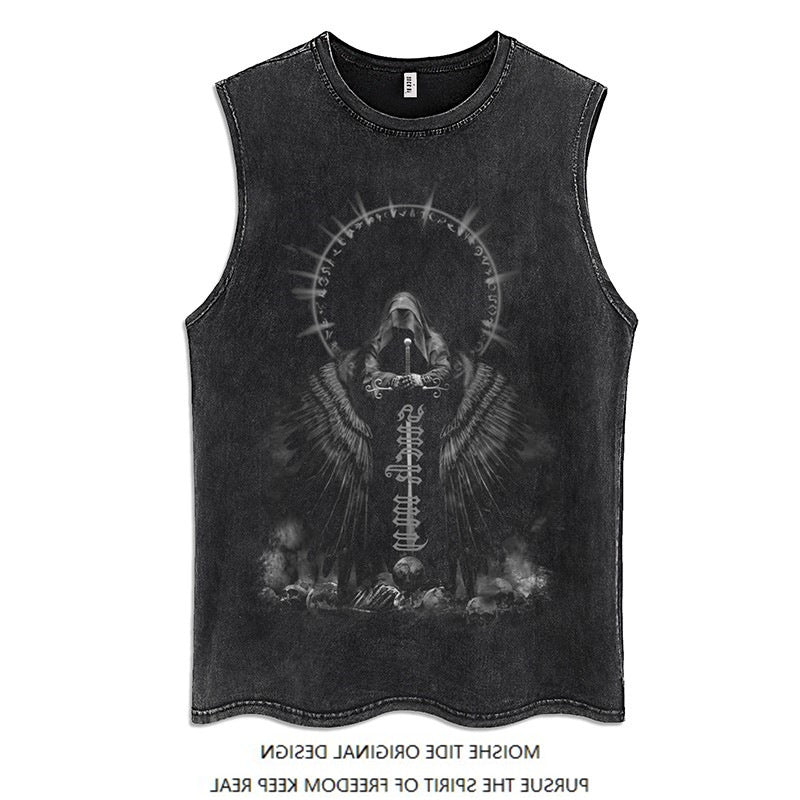 Retro Goth Washed Printed Sleeveless Vest Men's Summer Loose Fashion Brand High Street Sports T-shirt Couple