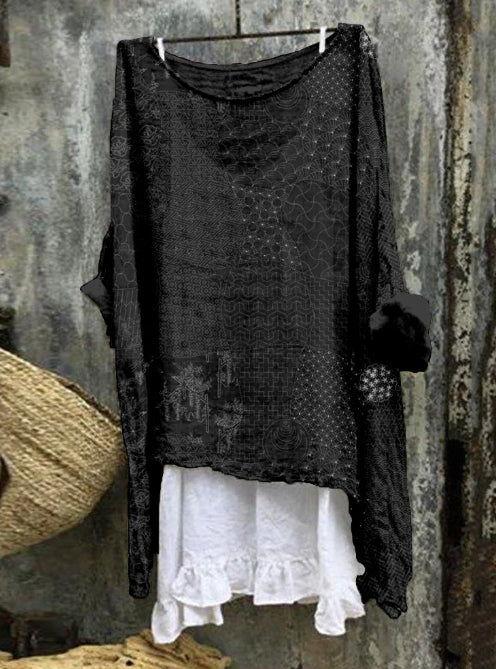 Japanese Traditional Sashiko Art Linen Blend Flowy Long-sleeve Top